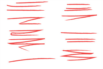 RED color crayon underline set - horizontal hand drawn chalk or marker highlighter strokes. Rough textured pencil lines with textured edges	