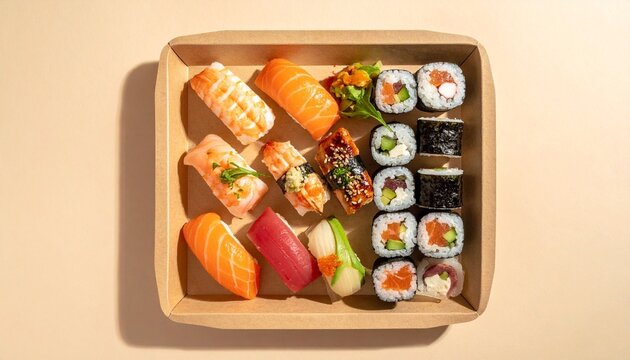 Assorted sushi including nigiri and maki rolls with fruit slices on wooden tray