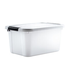 White plastic storage bin with black handles