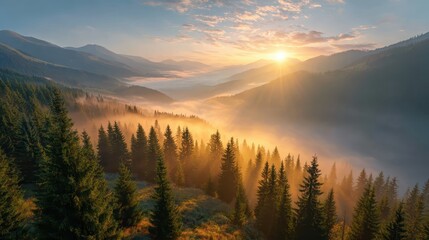 Golden Sunrise Over Misty Mountains: Majestic mountains rise from a sea of mist, kissed by the first rays of dawn, creating a serene and breathtaking landscape.