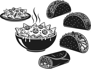 mexican set of food icons, mexican food icons nachos tacos and burritos silhouette vector shape black engraving laser cutting

