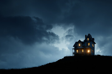 Haunted house on hill glowing, night sky background for copy