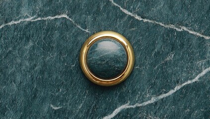 A detailed close-up view of a dark teal stone button with a polished gold ring.