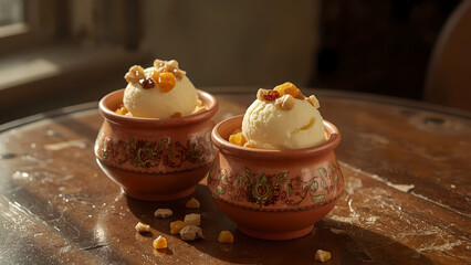 Traditional Clay Pot Ice Cream with Dried Fruits and Nuts on Rustic Wooden Table