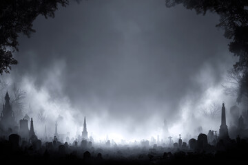 Spooky graveyard background with fog border, center empty for text