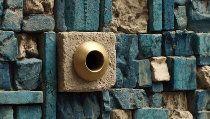 Close-up view of a textured stone wall with a decorative, golden sphere-shaped element, showcasing a mix of teal and light beige stones.