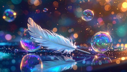 Whimsical collaboration nexus with floating enchanted quills scripting ideas on vaporous screens, iridescent bubbles encapsulating key points, crisp HD photograph