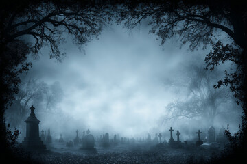 Spooky graveyard background with fog border, center empty for text