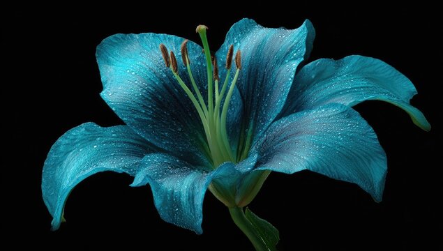 Vibrant teal lily, water droplets, close-up, black background - Powered by Adobe