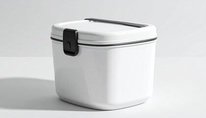White plastic container with black latch on white surface