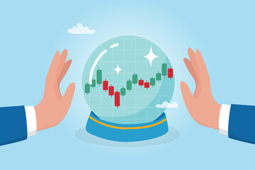 Market forecast, prediction or future outlook, financial stock market, crypto currency price going up and down, investment analysis vision, trader hand on magic crystal ball to see market forecast.