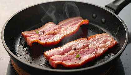 Two pieces of raw cured bacon smoking and sizzling in hot oil in a black skillet on an electric hob, close-up culinary shot