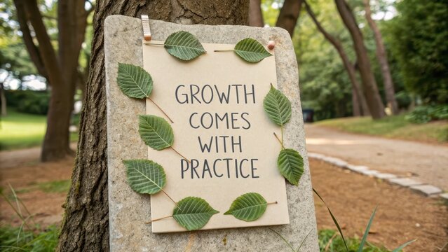 Growth Comes With Practice Sign Surrounded by Nature and Greenery