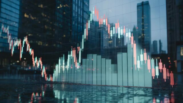 Dynamic stock market crash visualization over cityscape with dramatic downturn, investment risk, and potential loss in financial markets - Powered by Adobe