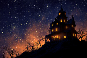 Haunted house on hill glowing, night sky background for copy