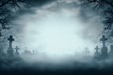 Spooky graveyard background with fog border, center empty for text