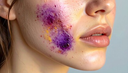 A close-up beauty portrait of a woman's face with an artistic splash of vibrant purple and yellow powder pigment on her cheek, creating an abstract cosmetic look