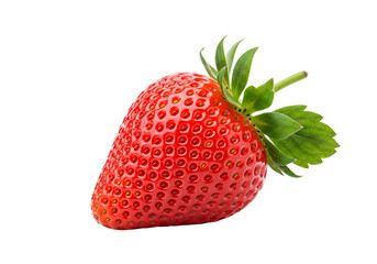 A vibrant, single strawberry with bright red skin and fresh green leaves is showcased against a striking black background.