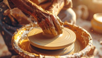 Close-up of a skilled artisan's hands shaping wet clay on a spinning potter's wheel in a rustic workshop