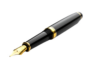 Sleek black fountain pen with gold accents, angled view showcasing nib and cap details, against a stark black background
