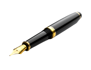 Sleek black fountain pen with gold accents, angled view showcasing nib and cap details, against a stark black background