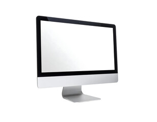 Sleek silver all-in-one desktop computer with a blank white screen, angled slightly to the left, isolated on black