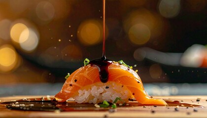 Exquisite Fresh Salmon Nigiri Sushi with Savory Dark Sauce, Artfully Drizzled Against a Warm, Blurred Bokeh Background, Highlighting a Gourmet Dining Experience