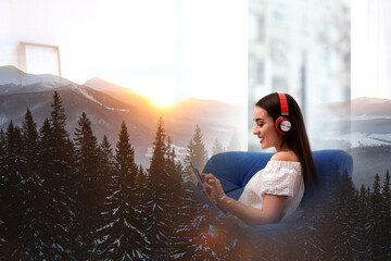 Woman listening to sounds of nature which making her feel calm. Double exposure of room and mountain landscape