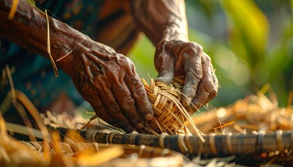 Close-up of elderly hands skillfully weaving natural fibers into a basket, highlighting traditional craftsmanship and a connection to nature