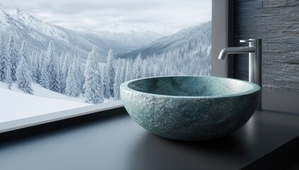 A modern, teal-hued stone sink sits atop a dark countertop, overlooking a snowy mountain vista.