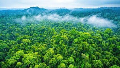 Lush green rainforest canopy, misty mountains