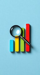 Colorful bar graph with magnifying glass, highlighting upward trend on a light blue surface.