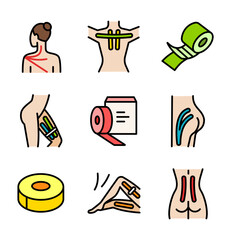 Kinesio taping kinesiology color icons set. Medical plaster line signs collections. Rehabilitation, therapy athletics muscles, joints injury relief, elasticity adhesive. Isolated vector symbols illust