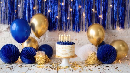 Elegant blue gold birthday party with cake balloons