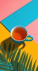 Vibrant teal, pink, and yellow geometric backdrop displays a teal teacup filled with amber liquid, complemented by tropical palm leaves.