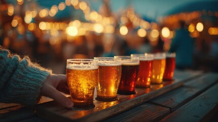 Oktoberfest Beer Culture and Craft Experience, artisanal beer flight of golden and amber ales served on rustic tasting tray, highlighting sensory brewing traditions and cozy social moments