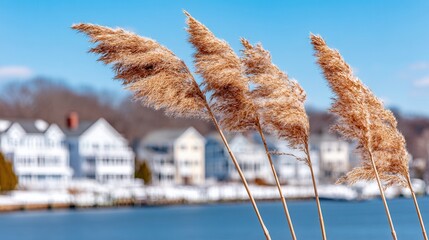 Coastal scene with tall grass picturesque houses the water