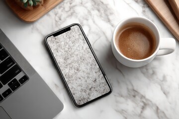 Overhead view of modern workspace with laptop, smartphone, and coffee on marble desk