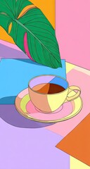 A vibrant, colorful coffee cup and saucer, set against a backdrop of geometric shapes and a tropical leaf, showcasing a playful aesthetic.