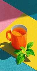 An orange teacup, filled with a warm beverage, rests on a vibrant yellow surface, with vibrant pink and teal accents, creating a cheerful and inviting still life.