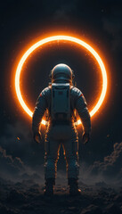 Fototapeta premium Astronaut standing before a glowing orange portal in a dark landscape