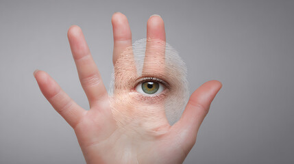 Human hand with transparent eye overlay and fingerprint pattern