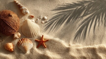 Beach background with palm tree shadows falling on warm sand, scattered seashells, and sunlit textures, perfect for tropical-themed branding, vacation marketing, and beachwear advertising.