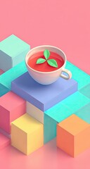 A vibrant cup of tea rests atop a colorful geometric arrangement of cubes against a soft pink backdrop.
