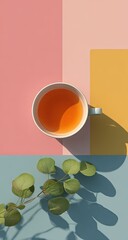 A delicate white teacup, filled with warm amber liquid, rests atop a vibrant backdrop of pastel pinks, yellows, and blues, accented by a sprig of fresh eucalyptus leaves.