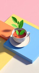 A vibrant cup of tea with a small plant sits atop colorful geometric forms, showcasing a cheerful and playful design.