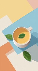 A pastel-toned, geometrically arranged composition featuring a cup of warm tea with fresh green leaves.