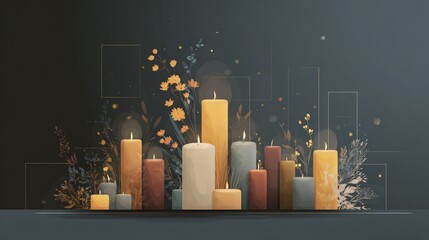 Minimalist flat illustration of glowing candles with abstract floral shapes on dark surface, All Saints’ Day design