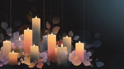 Minimalist flat illustration of glowing candles with abstract floral shapes on dark surface, All Saints’ Day design