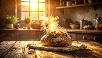 Golden morning sunlight illuminates a steaming, freshly baked loaf of artisan bread in a charming rustic farmhouse kitchen
